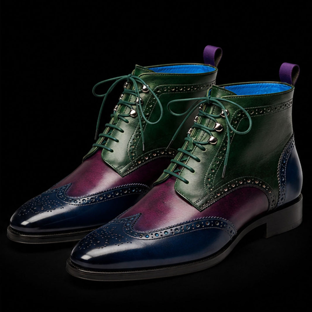 Men's Handmade Tri Tone Wingtip Ankle High Boots