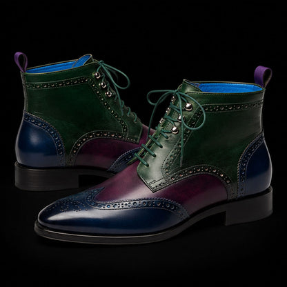 Men's Handmade Tri Tone Wingtip Ankle High Boots