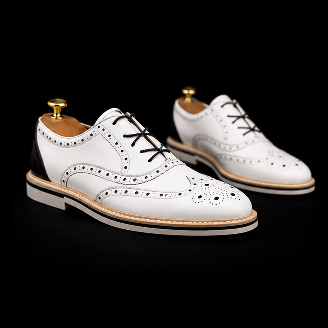 Men's Luxury White & Black Leather Wingtip Oxford Shoes