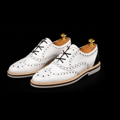 Men's Luxury White & Black Leather Wingtip Oxford Shoes