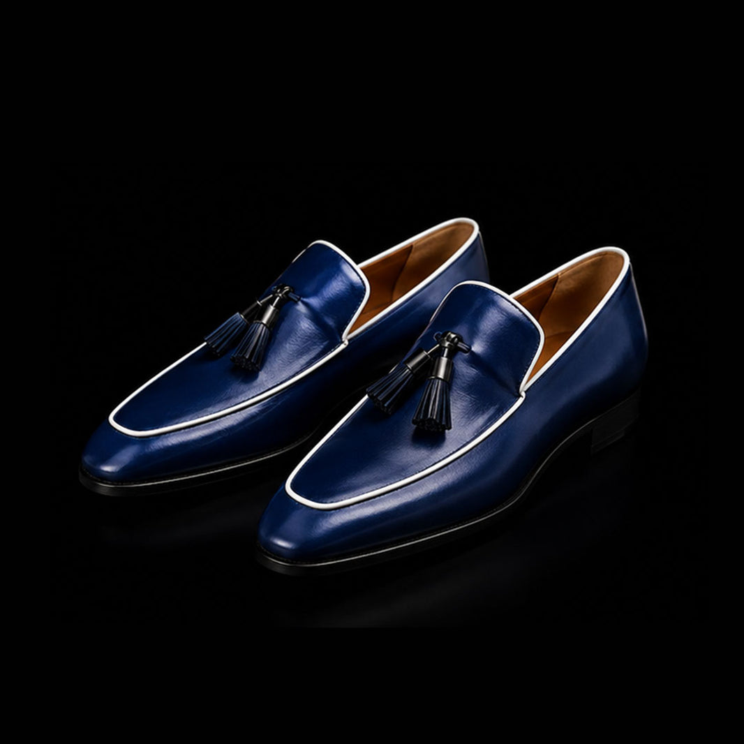 Men's Navy Blue Leather Tasseled Moccasin Loafers