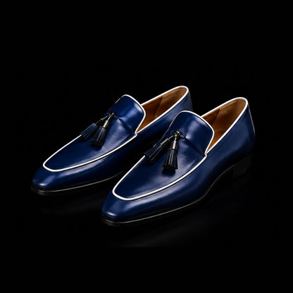 Men's Navy Blue Leather Tasseled Moccasin Loafers