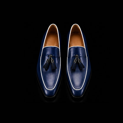 Men's Navy Blue Leather Tasseled Moccasin Loafers