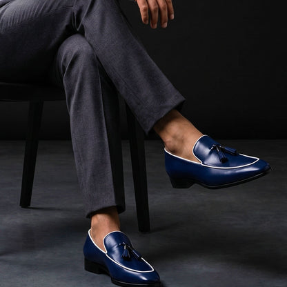 Men's Navy Blue Leather Tasseled Moccasin Loafers