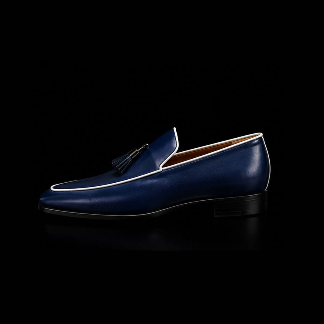 Men's Navy Blue Leather Tasseled Moccasin Loafers