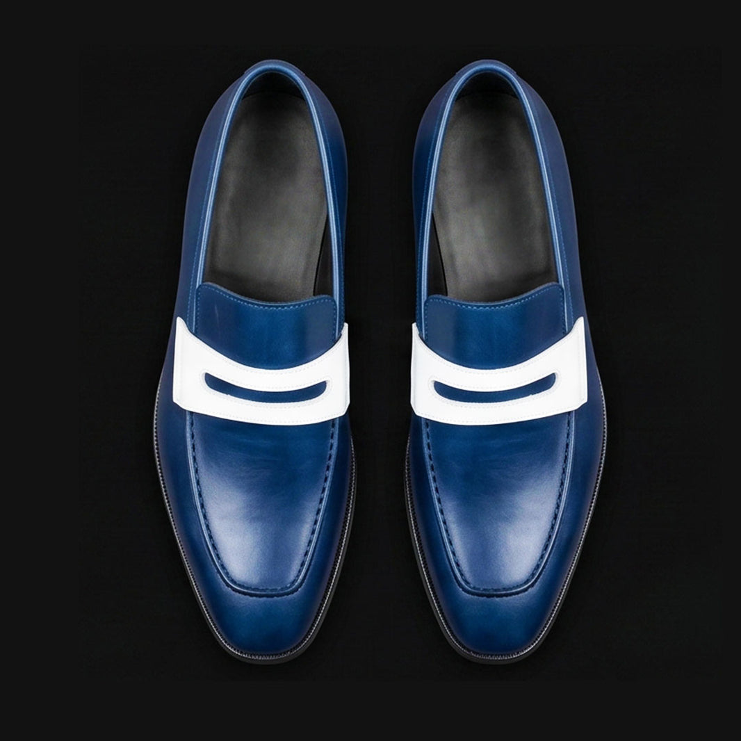 Men's Navy Blue & White Leather Penny Loafers
