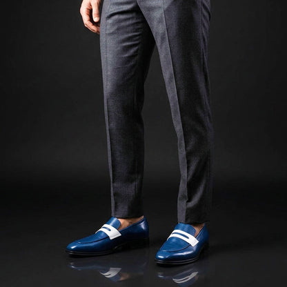 Men's Navy Blue & White Leather Penny Loafers