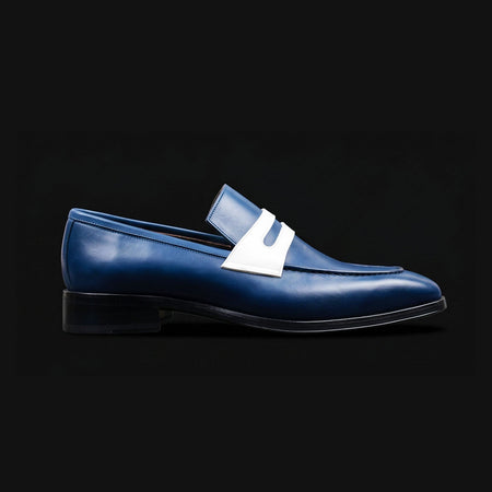 Men's Navy Blue & White Leather Penny Loafers