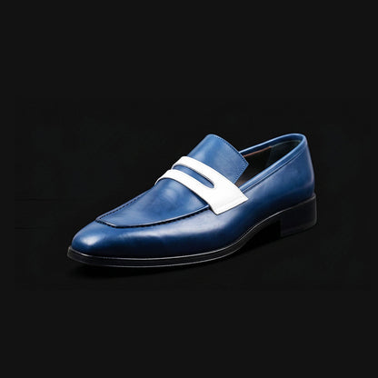 Men's Navy Blue & White Leather Penny Loafers