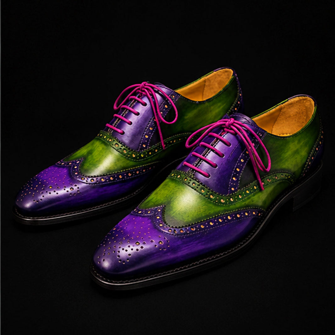 Men's Purple & Green Patina Leather Wingtip Oxford Brogue Shoes