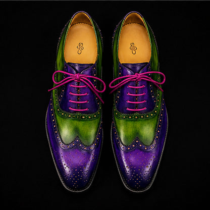Men's Purple & Green Patina Leather Wingtip Oxford Brogue Shoes