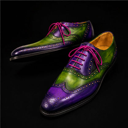 Men's Purple & Green Patina Leather Wingtip Oxford Brogue Shoes