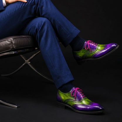 Men's Purple & Green Patina Leather Wingtip Oxford Brogue Shoes