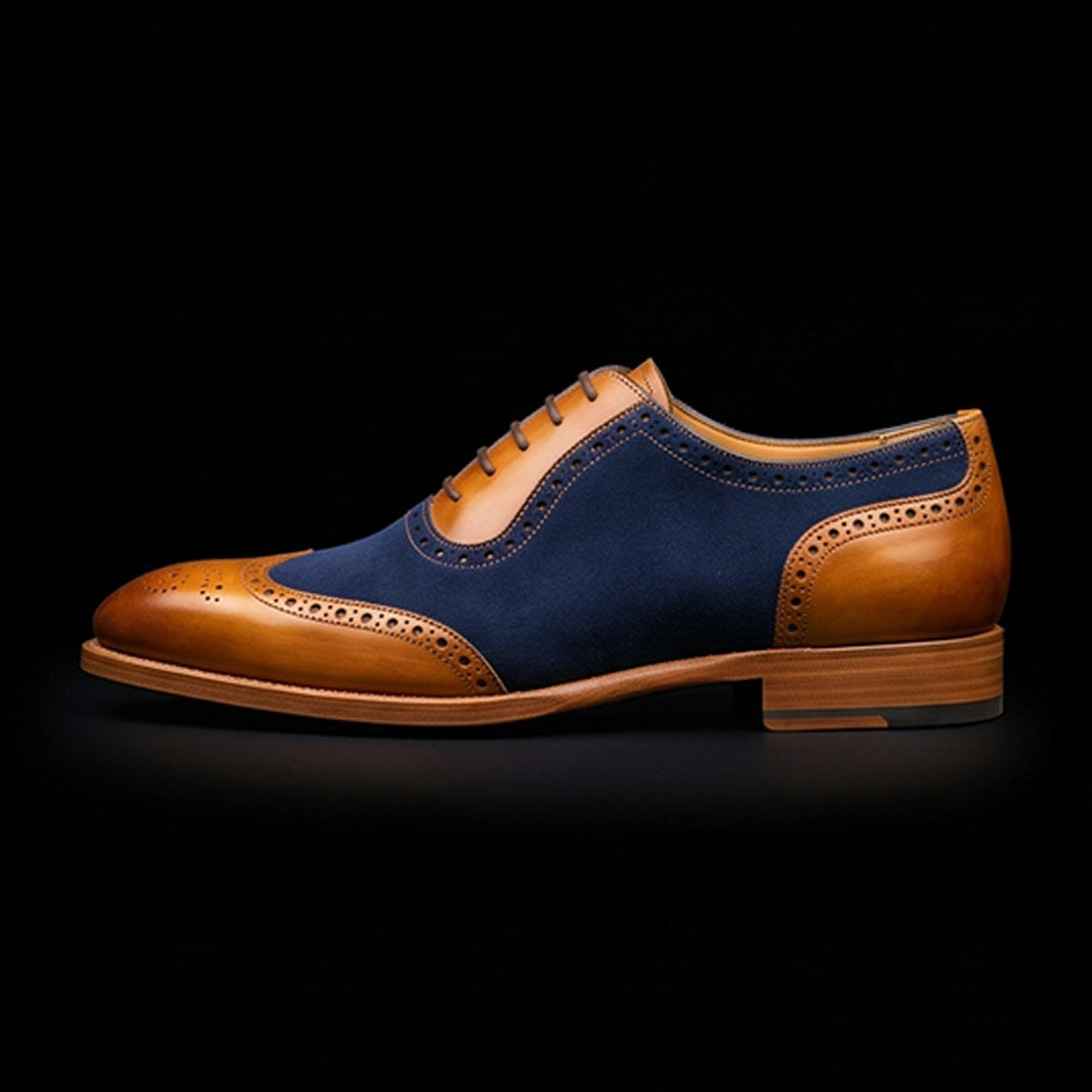Men's Tan & Navy Blue Suede Leather Wingtip Shoes