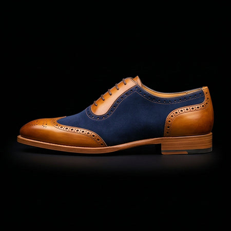 Men's Tan & Navy Blue Suede Leather Wingtip Shoes