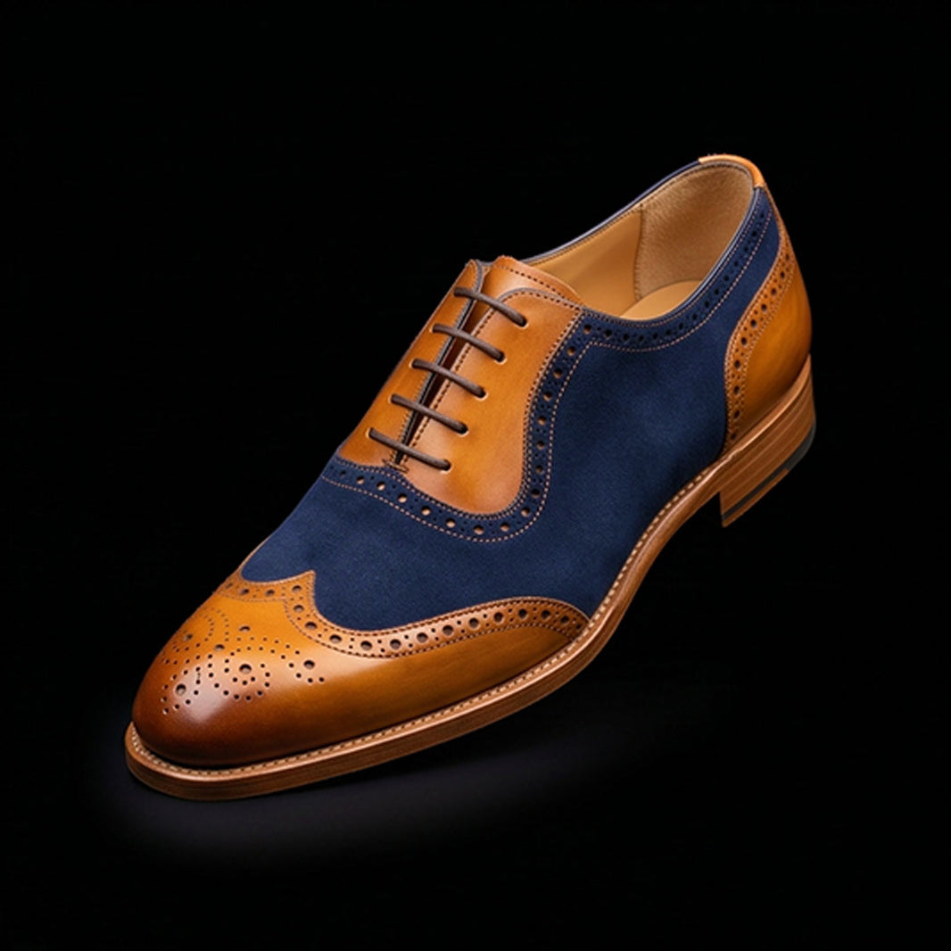 Men's Tan & Navy Blue Suede Leather Wingtip Shoes