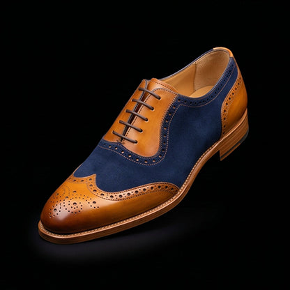 Men's Tan & Navy Blue Suede Leather Wingtip Shoes