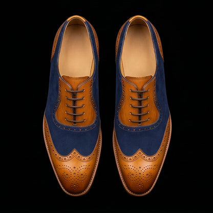 Men's Tan & Navy Blue Suede Leather Wingtip Shoes