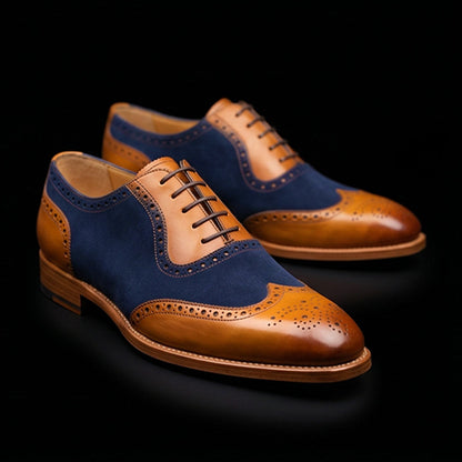 Men's Tan & Navy Blue Suede Leather Wingtip Shoes