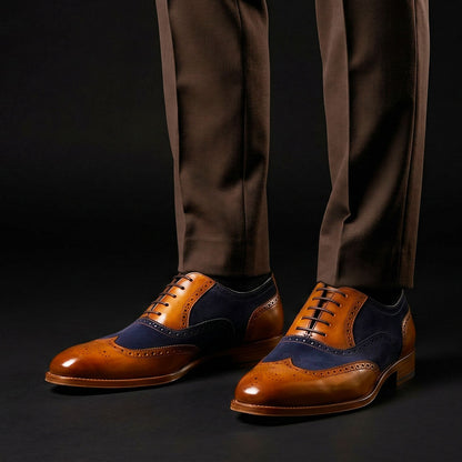 Men's Tan & Navy Blue Suede Leather Wingtip Shoes