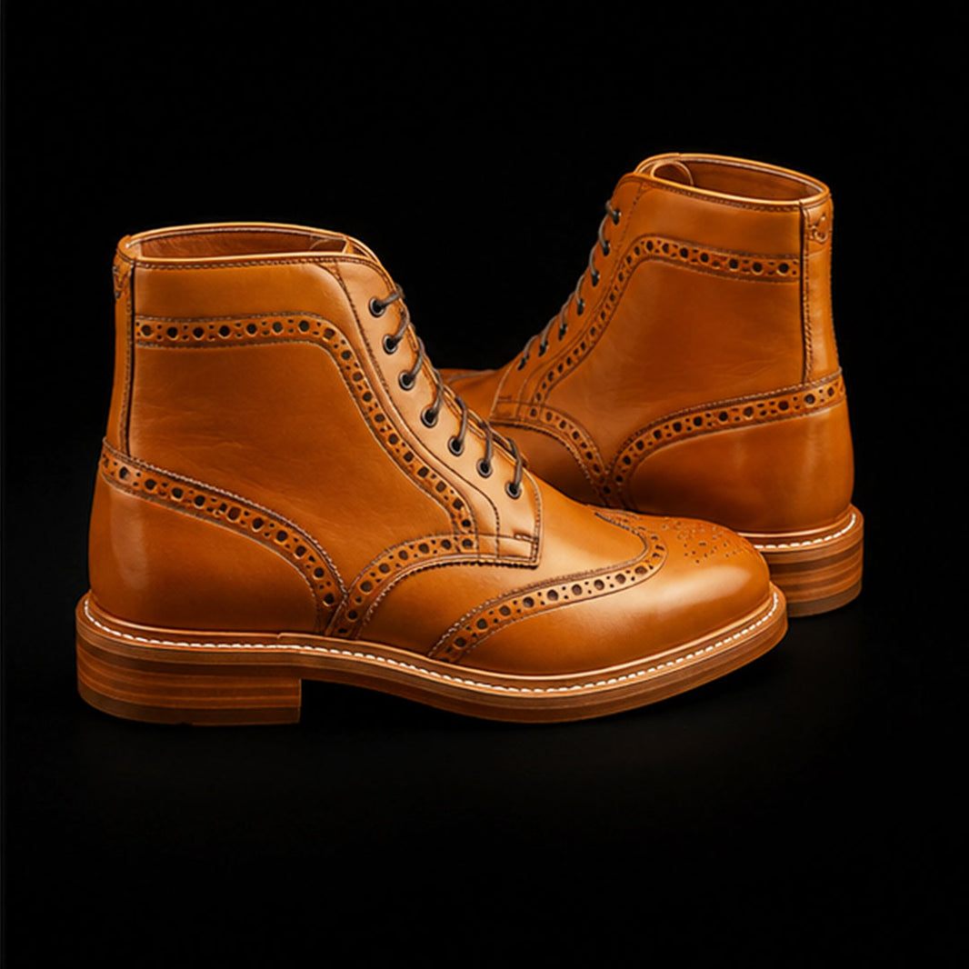 Men's Tan Brown Leather Wingtip Ankle High Boots