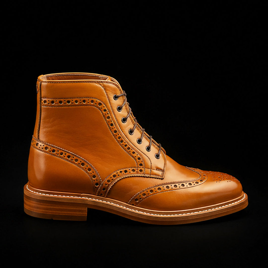 Men's Tan Brown Leather Wingtip Ankle High Boots