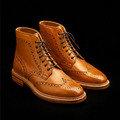 Men's Tan Brown Leather Wingtip Ankle High Boots