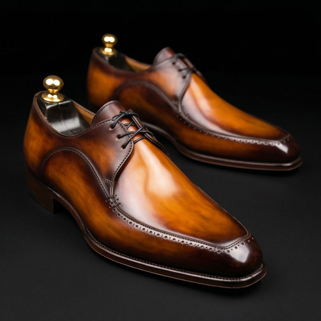 Men's Tan Brown Patina Leather Derby Shoes