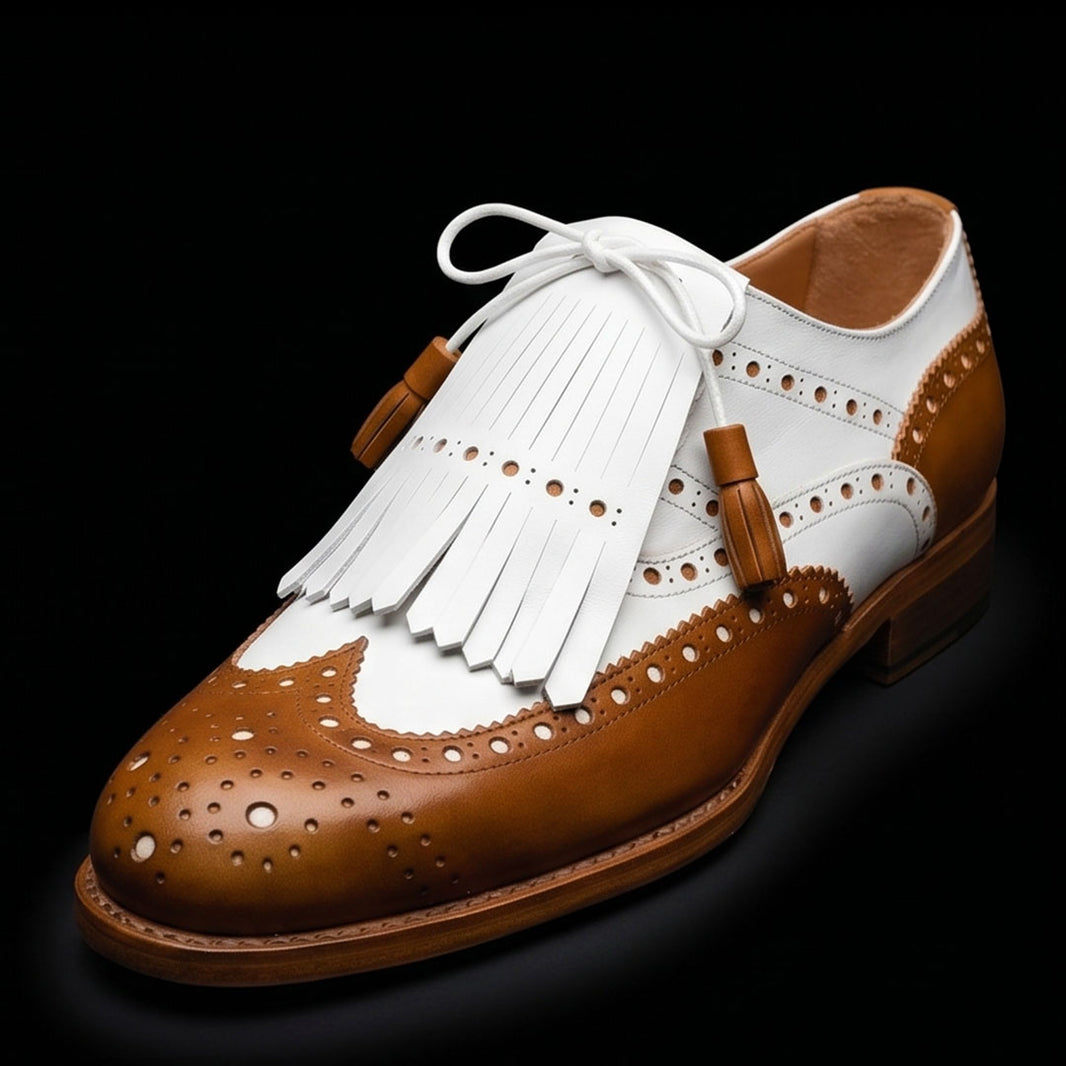 Men's Tan Brown & White Leather Fringed Wingtip Shoes