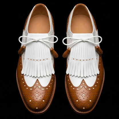 Men's Tan Brown & White Leather Fringed Wingtip Shoes