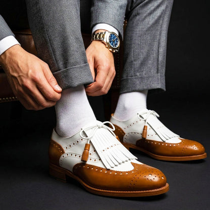 Men's Tan Brown & White Leather Fringed Wingtip Shoes