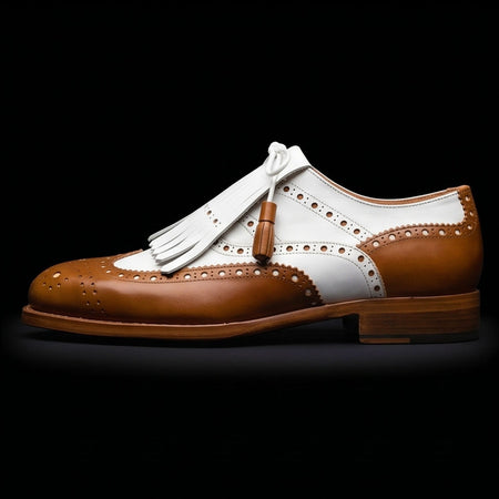 Men's Tan Brown & White Leather Fringed Wingtip Shoes