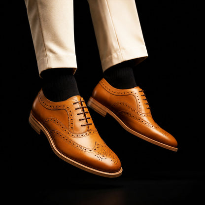 Men's Tan Leather Wingtip Brogue Oxford Shoes