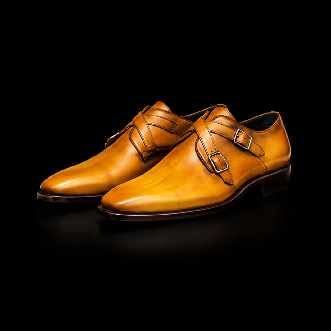 Men's Tan Yellow Patina Leather Cross Monk Shoes
