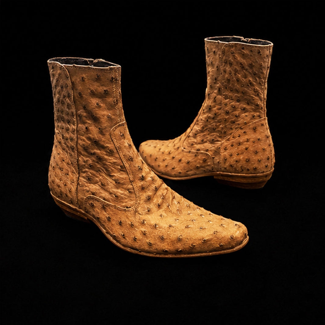 Men's Tan Zipper Closure Ostrich Leather Boots