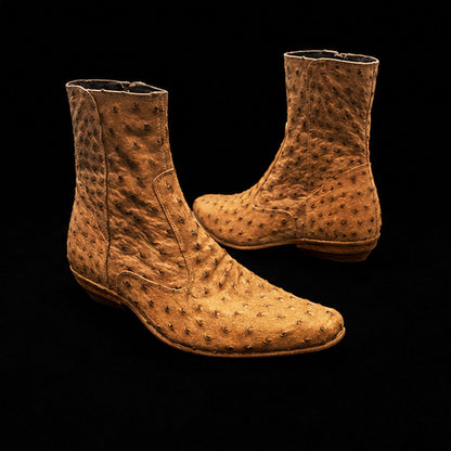 Men's Tan Zipper Closure Ostrich Leather Boots