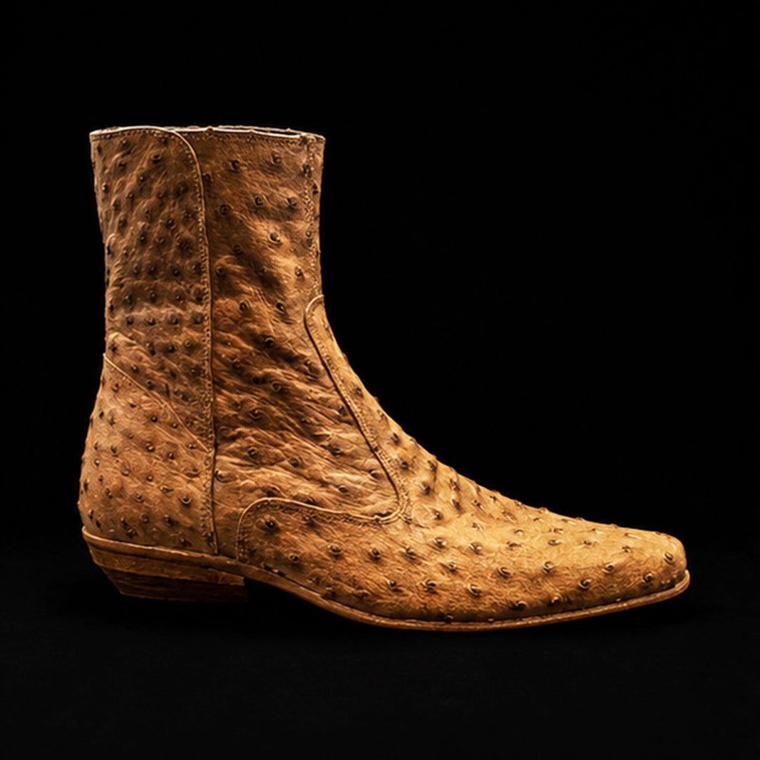 Men's Tan Zipper Closure Ostrich Leather Boots