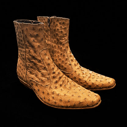 Men's Tan Zipper Closure Ostrich Leather Boots