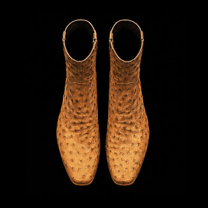 Men's Tan Zipper Closure Ostrich Leather Boots