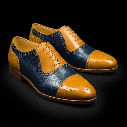 Men's Tan & Navy Blue Leather Brogue Cap Toe Oxford Shoes