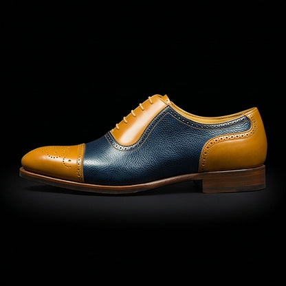 Men's Tan & Navy Blue Leather Brogue Cap Toe Oxford Shoes
