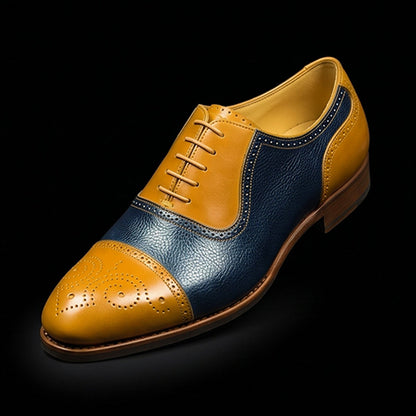 Men's Tan & Navy Blue Leather Brogue Cap Toe Oxford Shoes