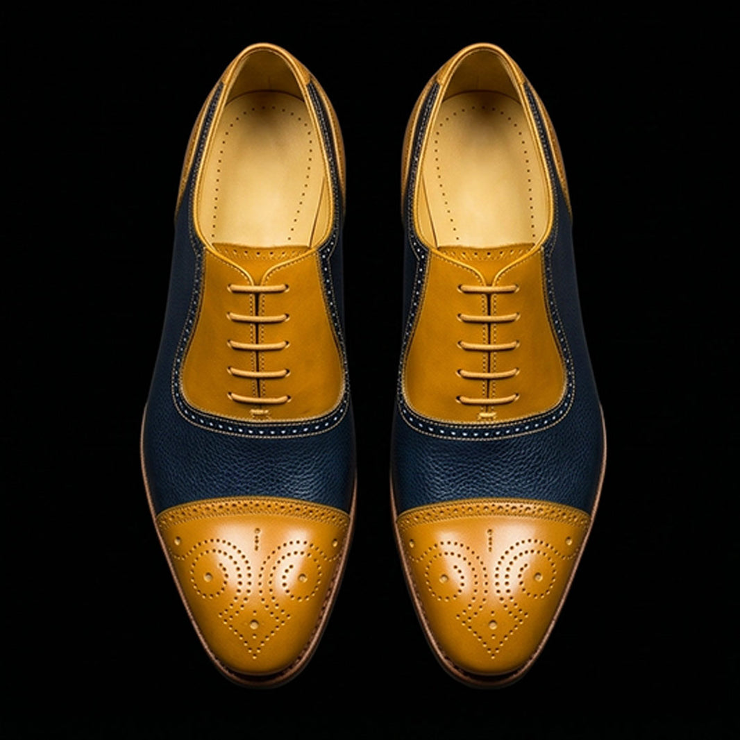 Men's Tan & Navy Blue Leather Brogue Cap Toe Oxford Shoes