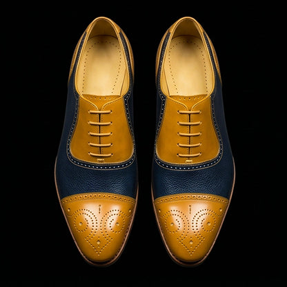 Men's Tan & Navy Blue Leather Brogue Cap Toe Oxford Shoes