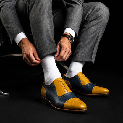 Men's Tan & Navy Blue Leather Brogue Cap Toe Oxford Shoes