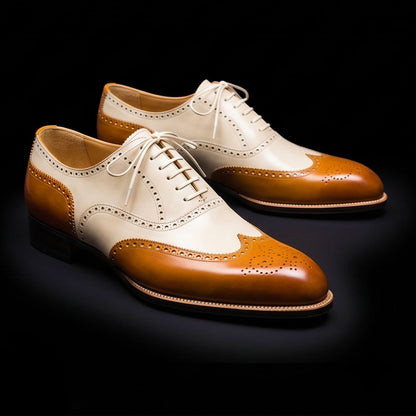 Men's Tan & White Leather Wingtip Dress Shoes