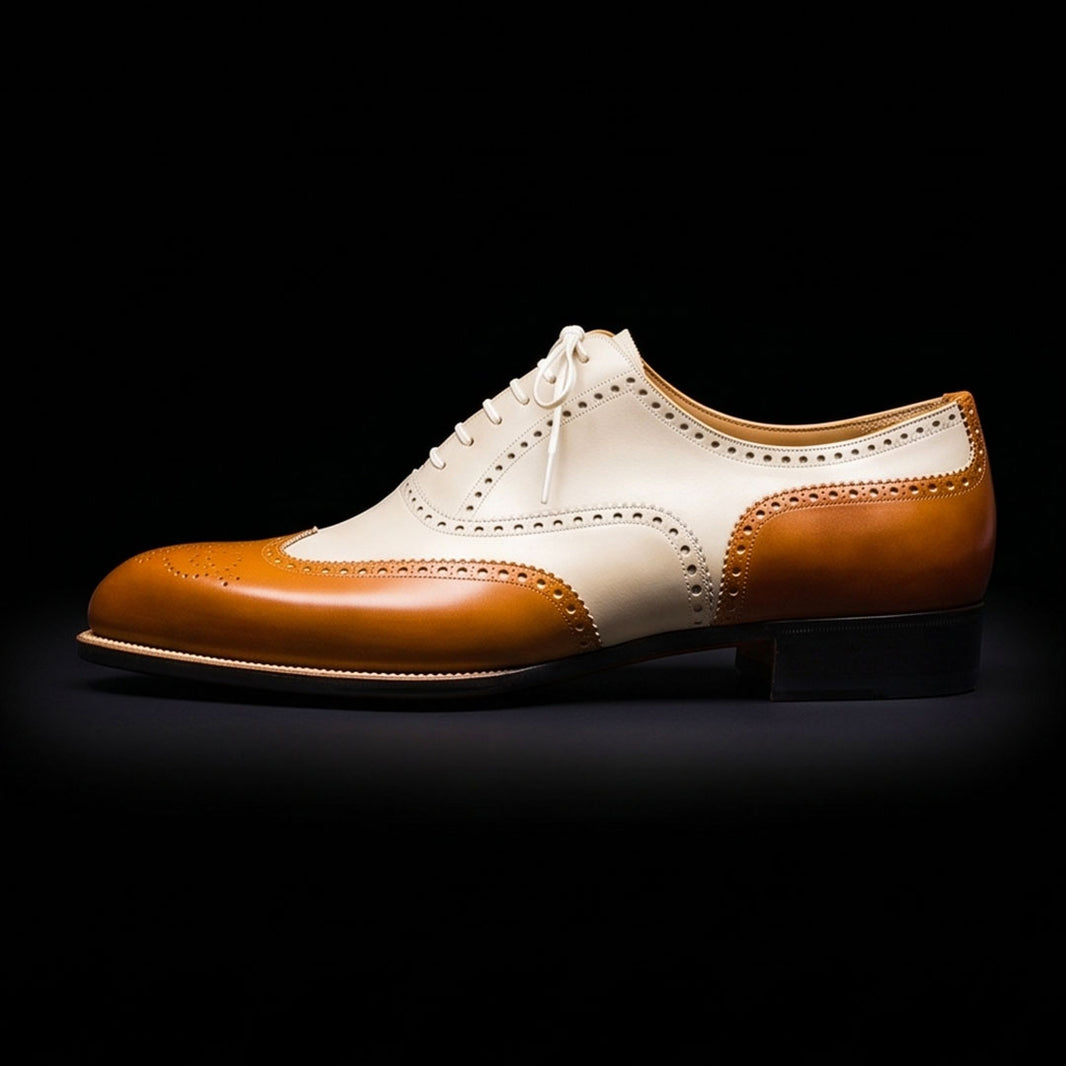 Men's Tan & White Leather Wingtip Dress Shoes
