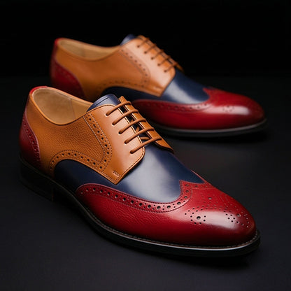 Men's Tri Tone Genuine Leather Wingtip Oxford Shoes