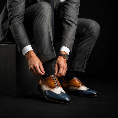 Men's Tri Tone Patina Leather Wingtip Oxford Shoes