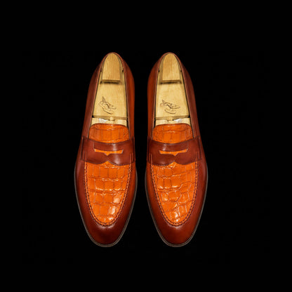 Men's Two Tone Tan Brown Alligator Leather Penny Loafers